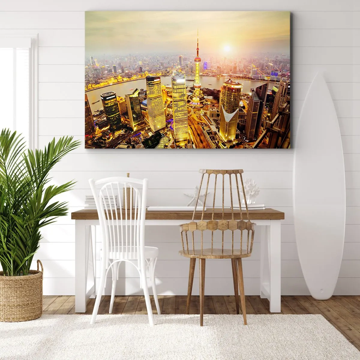 Cuadro sobre lienzo - Impresión de Imagen - Panorama de la ciudad con rascacielos al atardecer - 120x80cm - Sueño asiático - Decoración de pared moderna para salón y dormitorio ARTTOR