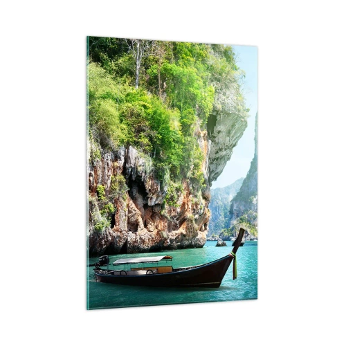 Cuadro sobre vidrio - Impresiones sobre Vidrio - Un barco tradicional en aguas turquesas entre acantilados. - 50x70cm - Una invitación a un viaje exótico - Decoración de pared moderna para salón y dormitorio ARTTOR