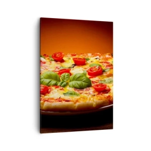 Cuadro sobre lienzo - Impresión de Imagen - Pizza con tomates y albahaca sobre una mesa de madera. - 50x70cm - ¡Mamma mia! - Decoración de pared moderna para salón y dormitorio ARTTOR