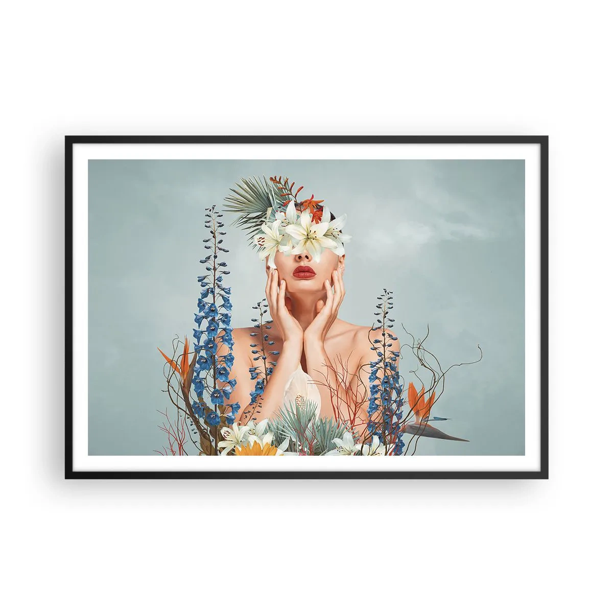 Póster en marco negro - Retrato de una mujer con un motivo floral sobre un fondo azul. - 100x70cm - Mujer-flor - Decoración de pared moderna para salón y dormitorio ARTTOR