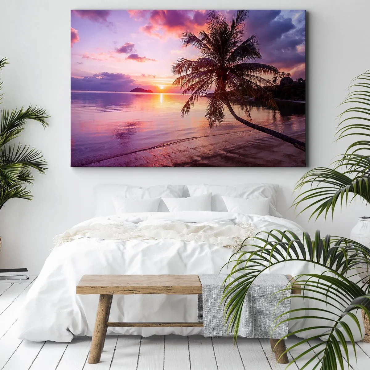 Cuadro sobre lienzo - Impresión de Imagen - Playa tropical con palmeras al atardecer - 70x50cm - Hermosura hasta el horizonte - Decoración de pared moderna para salón y dormitorio ARTTOR