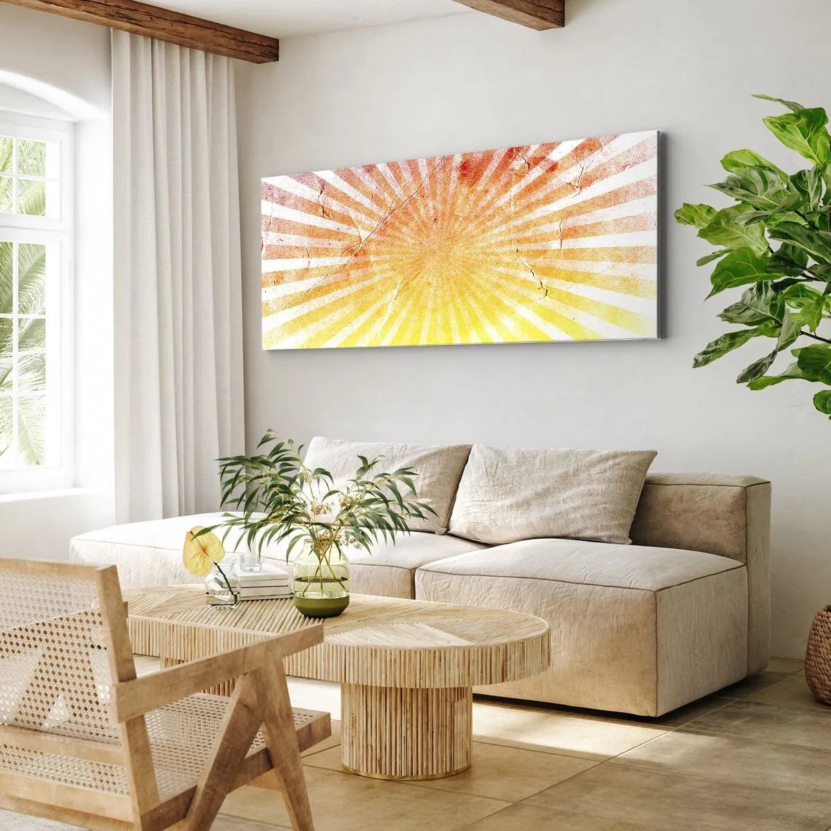 Cuadro sobre lienzo - Impresión de Imagen - Rayos de sol en tonos naranja y amarillo. - 160x50cm - Renacer del sol - Decoración de pared moderna para salón y dormitorio ARTTOR