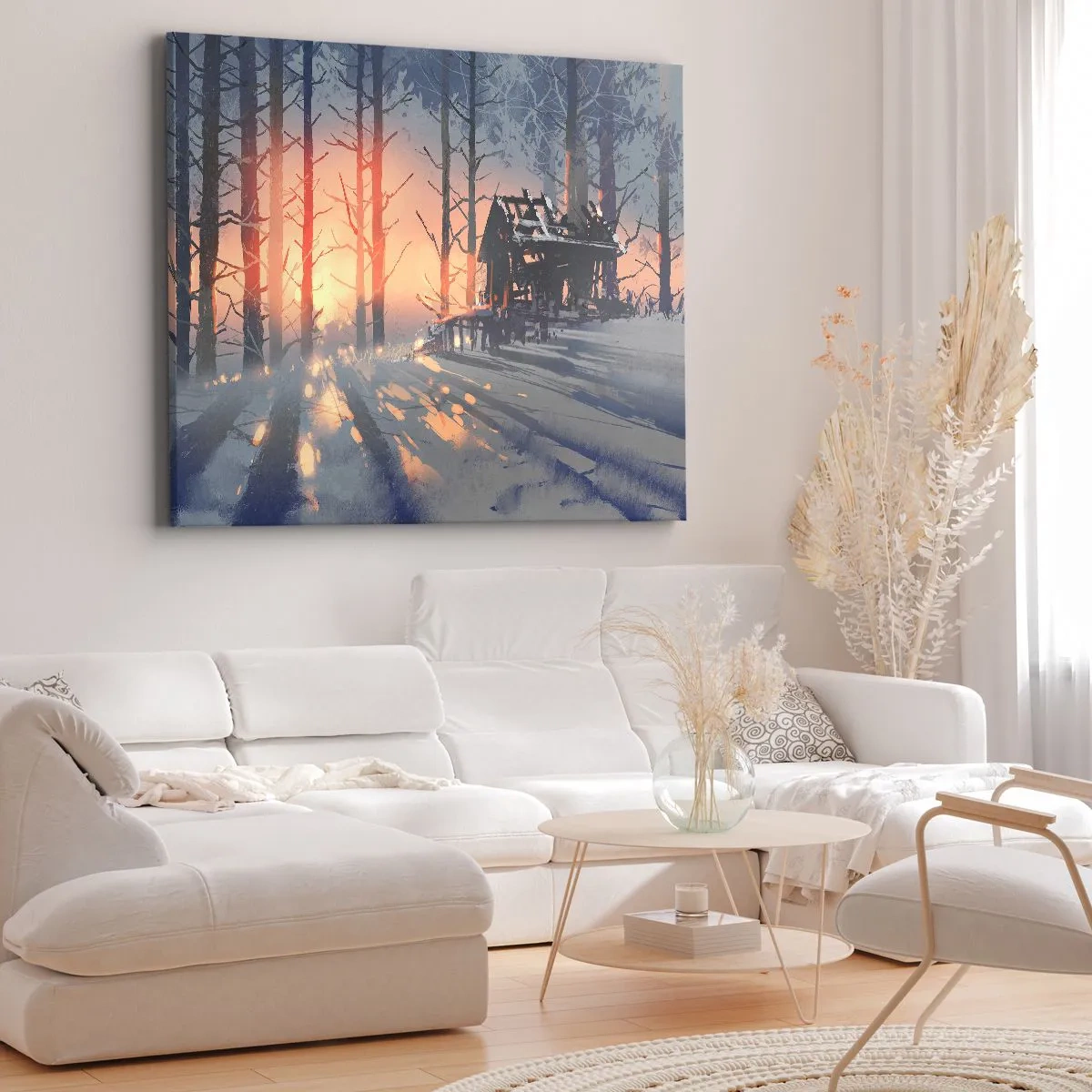 Cuadro sobre lienzo - Impresión de Imagen - Una cabaña forestal en un paisaje invernal con los rayos del sol poniente. - 120x80cm - Solo el sol es testigo - Decoración de pared moderna para salón y dormitorio ARTTOR