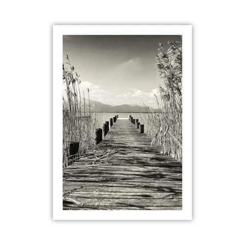 Póster - Un puente de madera entre los juncos sobre un lago de tonos sepia. - 50x70cm - En la quietud de los juncos - Decoración de pared moderna para salón y dormitorio ARTTOR