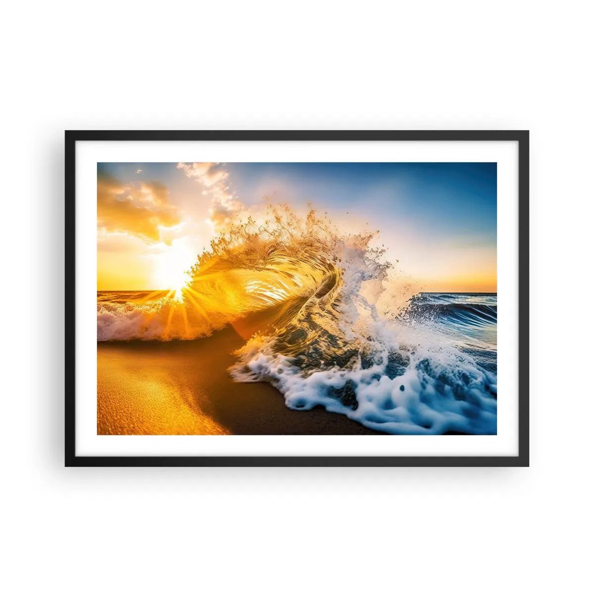 Póster en marco negro - Una ola dorada con el sol poniente como telón de fondo. - 70x50cm - Jugando en la arena - Decoración de pared moderna para salón y dormitorio ARTTOR