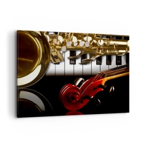 Cuadro sobre lienzo - Impresión de Imagen - Un saxofón dorado, teclas de piano y un violín rojo. - 100x70cm - Chapa, madera y marfil - Decoración de pared moderna para salón y dormitorio ARTTOR