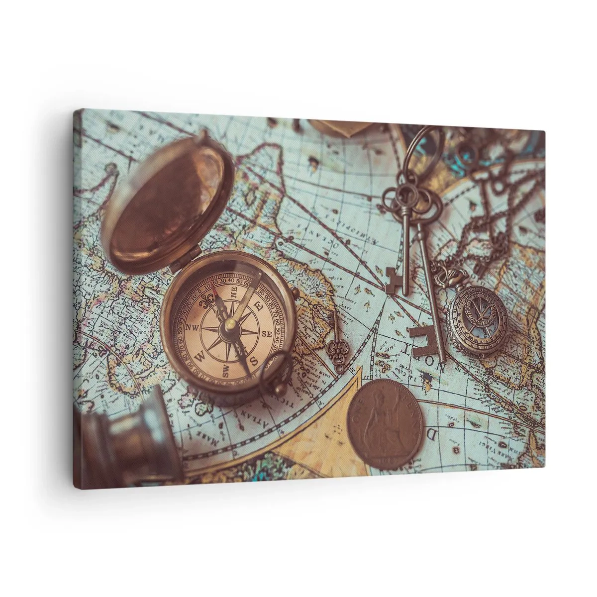 Cuadro sobre lienzo - Impresión de Imagen - Composición con brújula, llaves y un mapa antiguo en estilo retro - 70x50cm - Para el aventurero - Decoración de pared moderna para salón y dormitorio ARTTOR