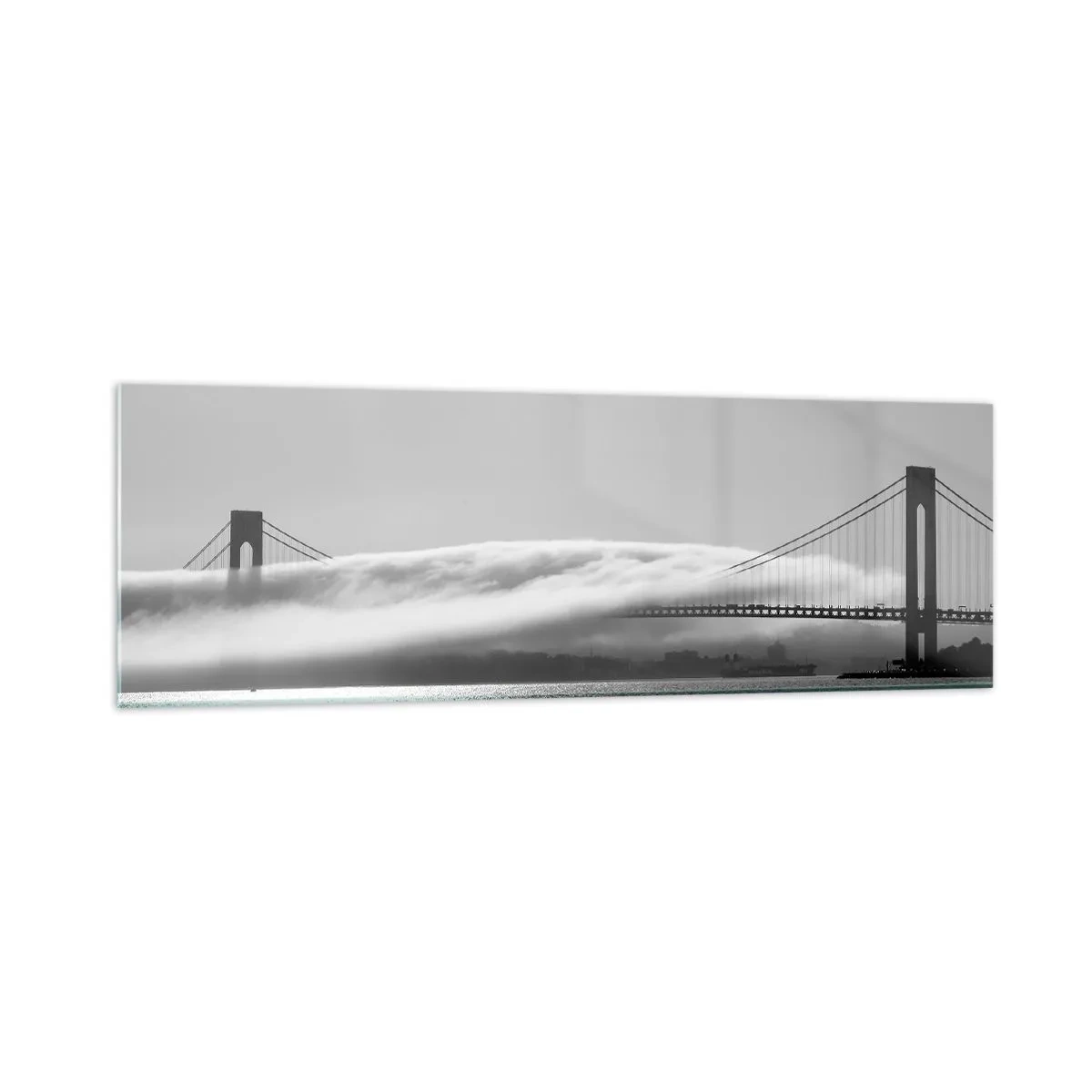 Cuadro sobre vidrio - Impresiones sobre Vidrio - Un puente sobre el agua envuelto en niebla en una toma en blanco y negro. - 160x50cm - Navegue por el Golden Gate - Decoración de pared moderna para salón y dormitorio ARTTOR