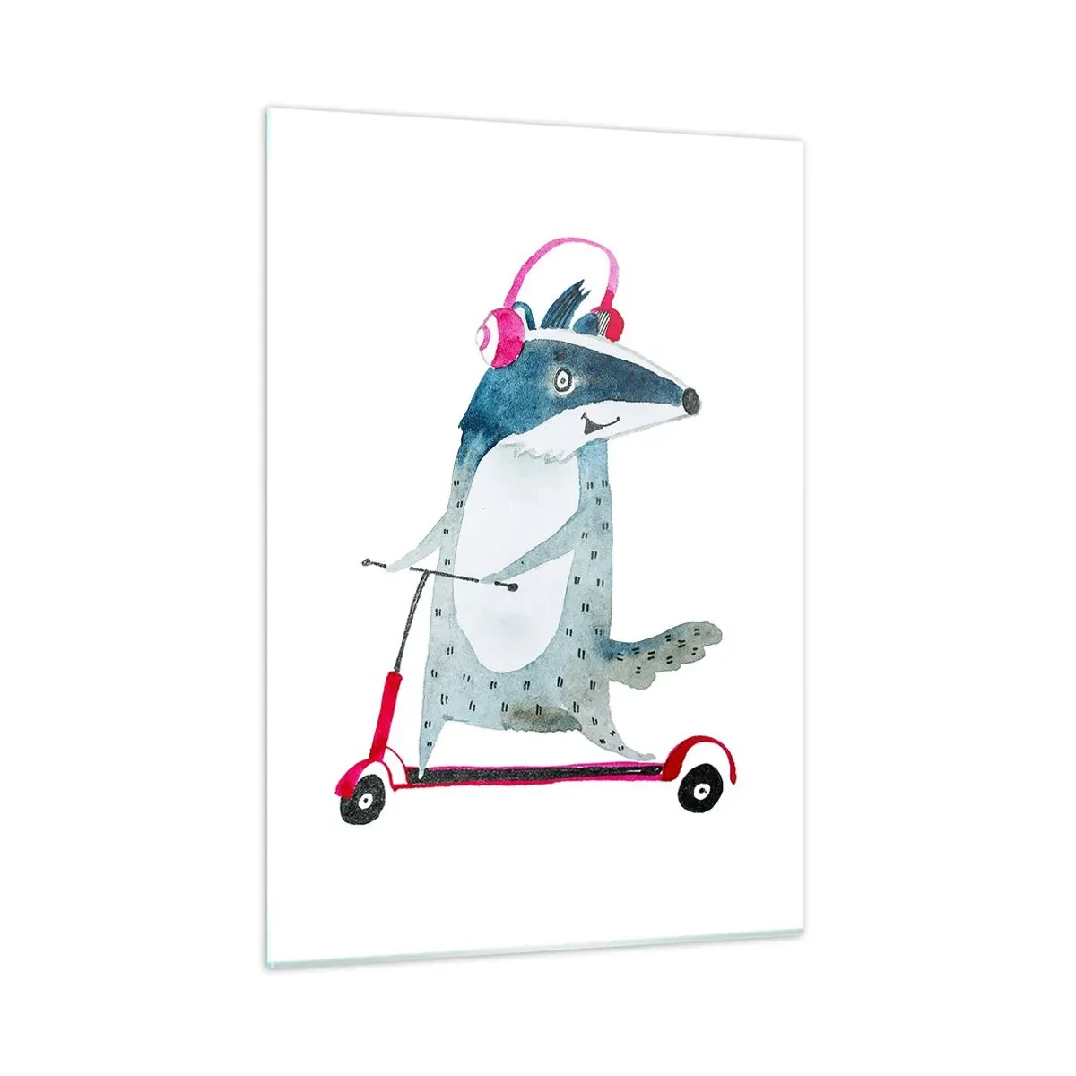 Cuadro sobre vidrio - Impresiones sobre Vidrio - Tejón con auriculares en un scooter de acuarela - 50x70cm - Alegrías de tejón - Decoración de pared moderna para salón y dormitorio ARTTOR