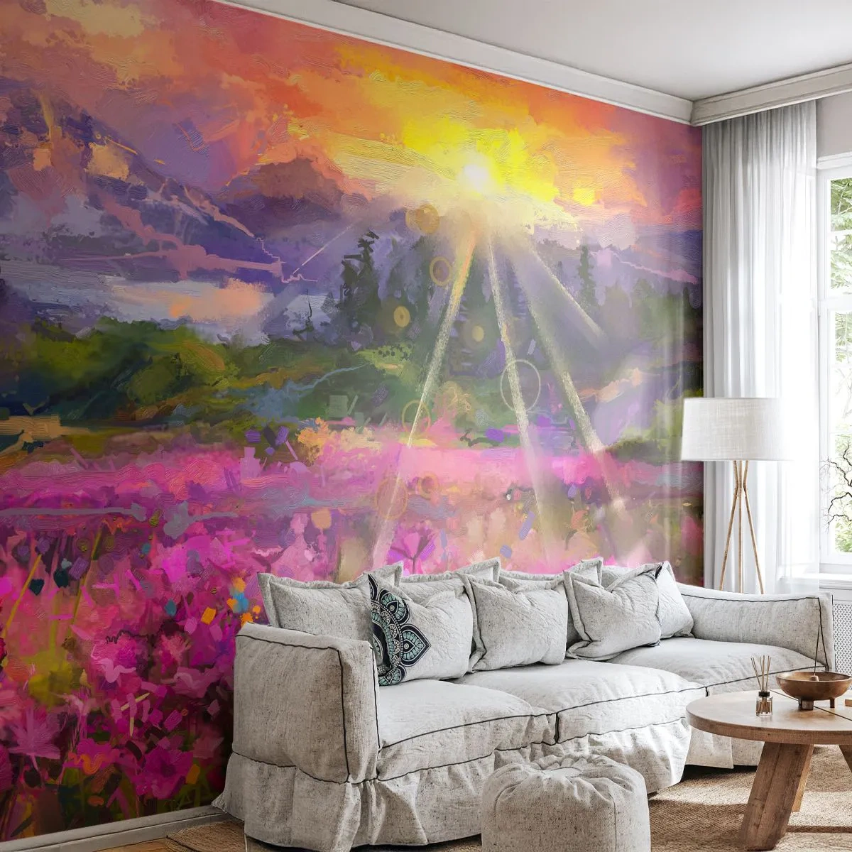 Fotomural Premium Canvas - Un prado pintoresco bajo los rayos del sol poniente. - 100x70cm - En un valle bajo la protección del sol - Decoración de pared moderna para salón y dormitorio ARTTOR