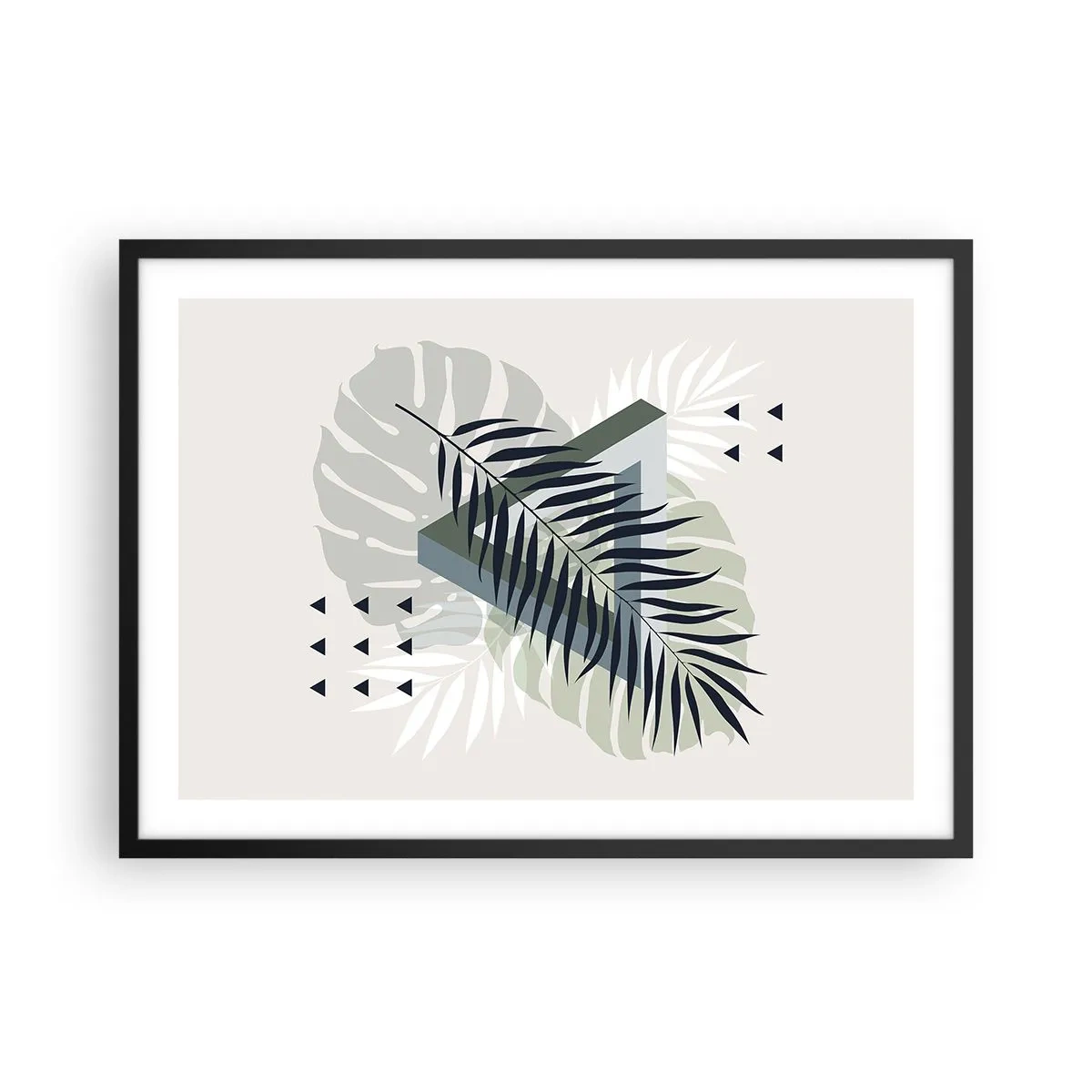 Póster en marco negro - Composición geométrica con hojas tropicales en tonos verdes. - 70x50cm - Naturaleza y geometría - Decoración de pared moderna para salón y dormitorio ARTTOR