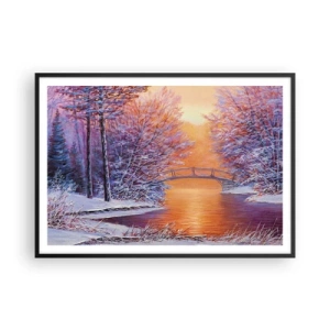 Póster en marco negro - Paisaje invernal con puente y puesta de sol - 100x70cm - Reunámonos aquí - Decoración de pared moderna para salón y dormitorio ARTTOR