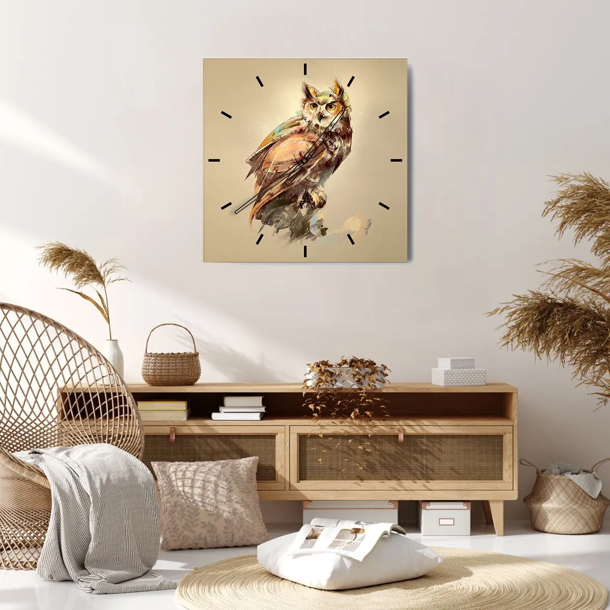 Reloj de pared - Reloj de vidrio - Retrato artístico de un búho sobre un fondo claro en tonos cálidos. - 30x30cm - Sabiduría de búho - Decoración de pared moderna para salón y dormitorio ARTTOR