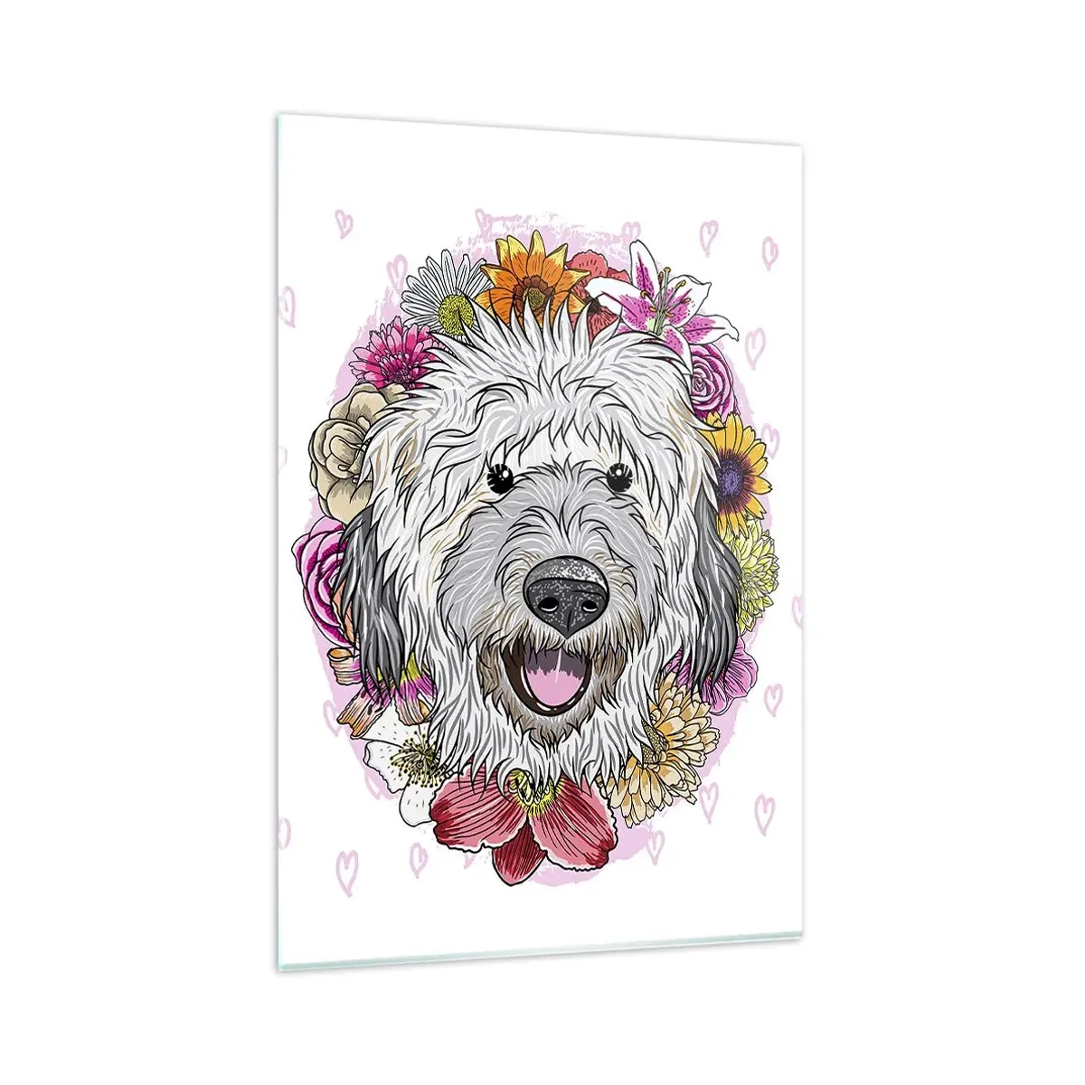 Cuadro sobre vidrio - Impresiones sobre Vidrio - Un perro rodeado de flores de colores. - 80x120cm - Alegría de cachorro - Decoración de pared moderna para salón y dormitorio ARTTOR