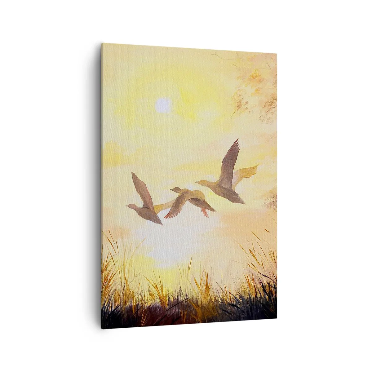 Cuadro sobre lienzo - Impresión de Imagen - Patos volando al amanecer sobre el lago - 70x100cm - El comienzo de un largo viaje - Decoración de pared moderna para salón y dormitorio ARTTOR