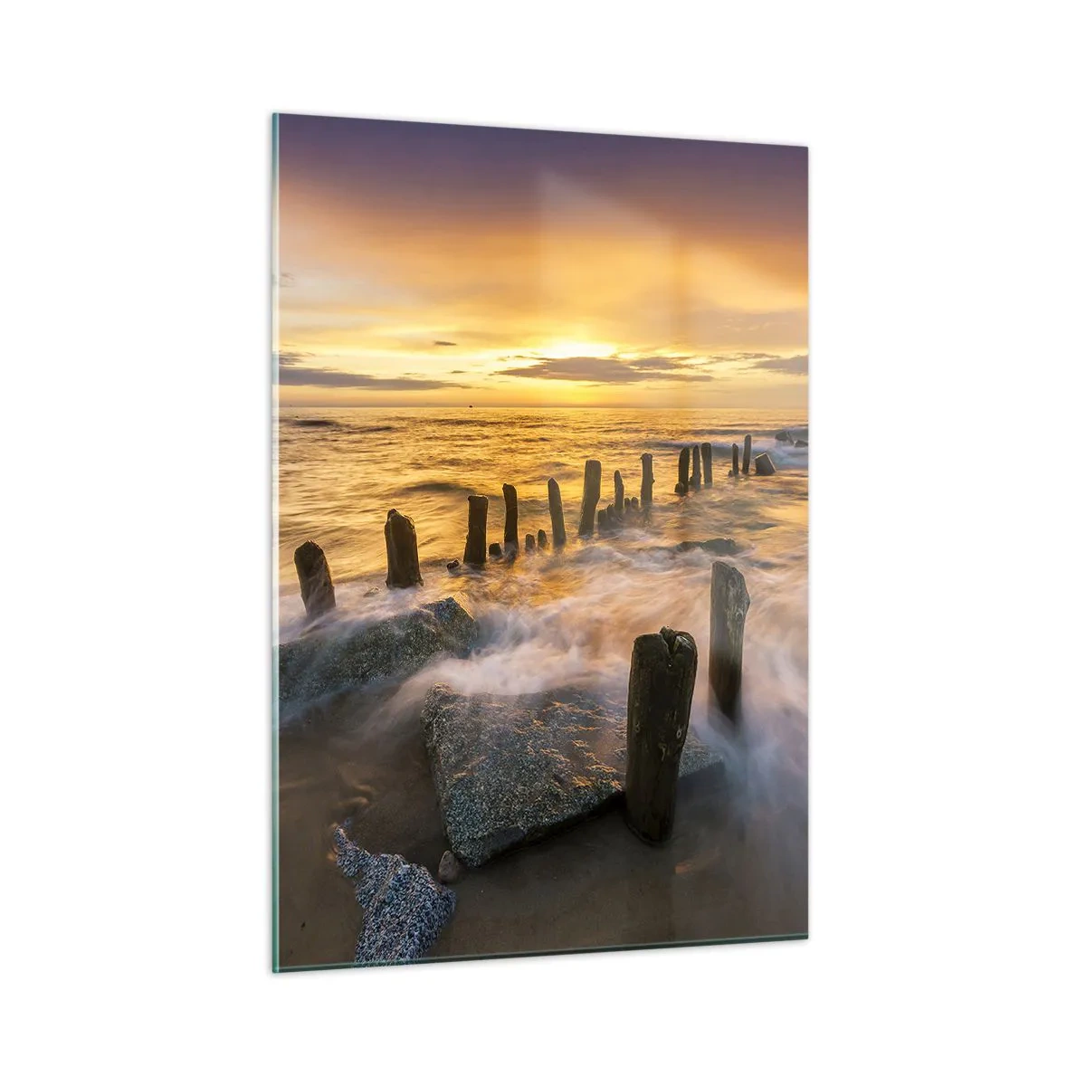 Cuadro sobre vidrio - Impresiones sobre Vidrio - Puesta de sol sobre el mar con pilotes de madera en la playa - 50x70cm - La cruda belleza del Báltico - Decoración de pared moderna para salón y dormitorio ARTTOR