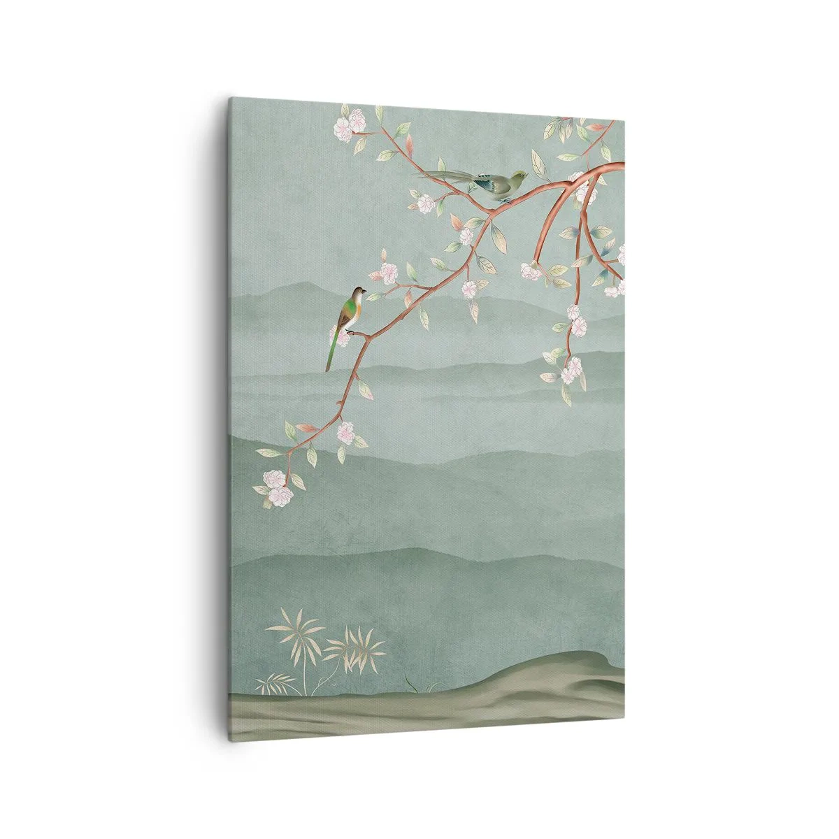 Cuadro sobre lienzo - Impresión de Imagen - Una imagen pintoresca de la rama de un árbol en flor con pájaros sobre un fondo de colinas verdes. - 70x100cm - Primavera, ah, eres tú - Decoración de pared moderna para salón y dormitorio ARTTOR