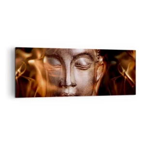 Cuadro sobre lienzo - Impresión de Imagen - Una estatua de Buda en medio de llamas de tonos dorados. - 140x50cm - Solo existe el aquí y el ahora - Decoración de pared moderna para salón y dormitorio ARTTOR