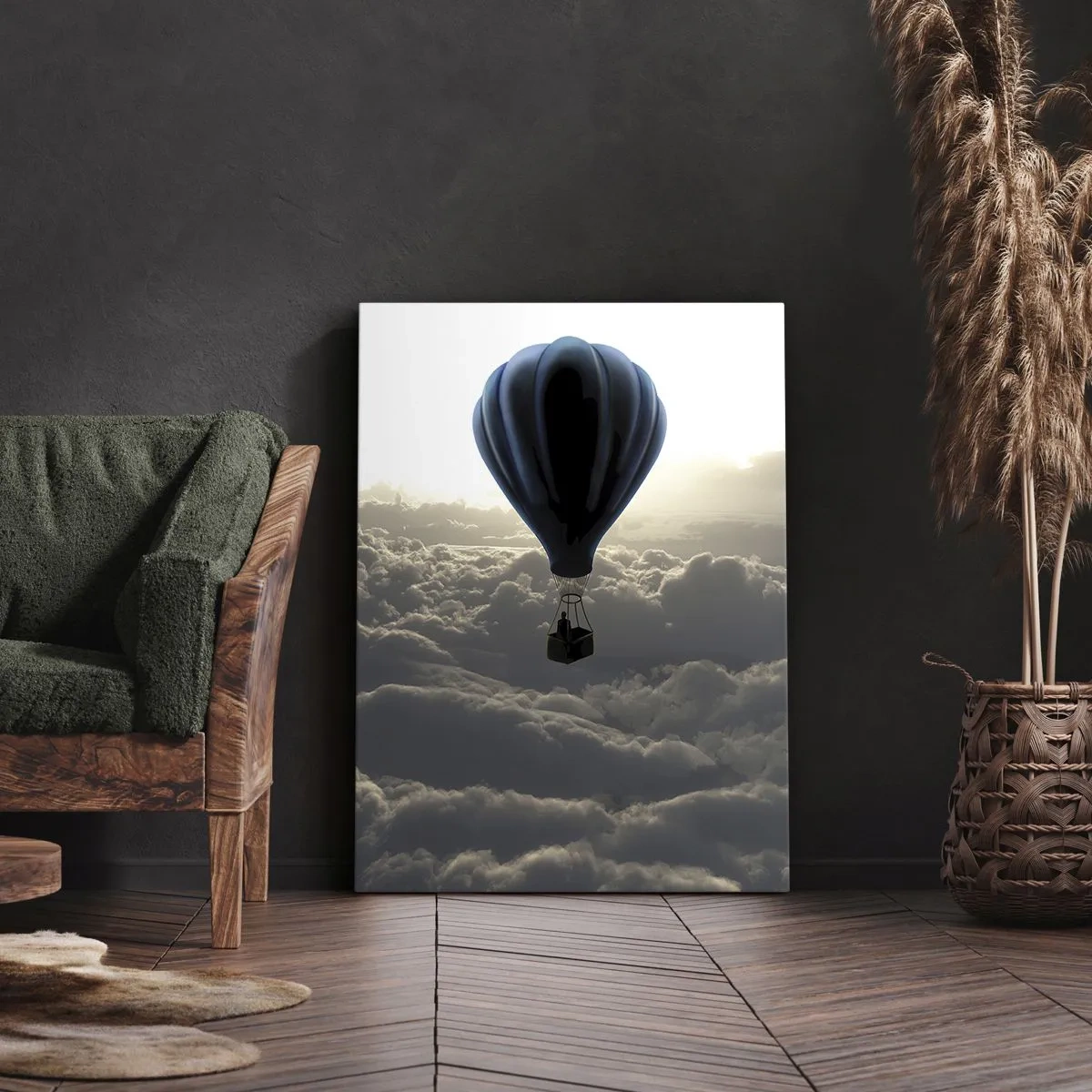 Cuadro sobre lienzo - Impresión de Imagen - Un globo aerostático contra un cielo con nubes al atardecer. - 70x100cm - Un viajero por encima de las nubes - Decoración de pared moderna para salón y dormitorio ARTTOR