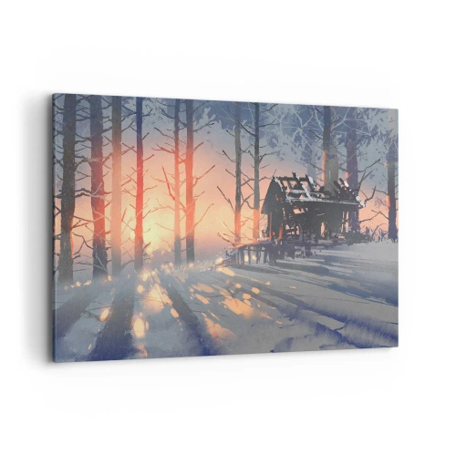 Cuadro sobre lienzo - Impresión de Imagen - Una cabaña forestal en un paisaje invernal con los rayos del sol poniente. - 100x70cm - Solo el sol es testigo - Decoración de pared moderna para salón y dormitorio ARTTOR