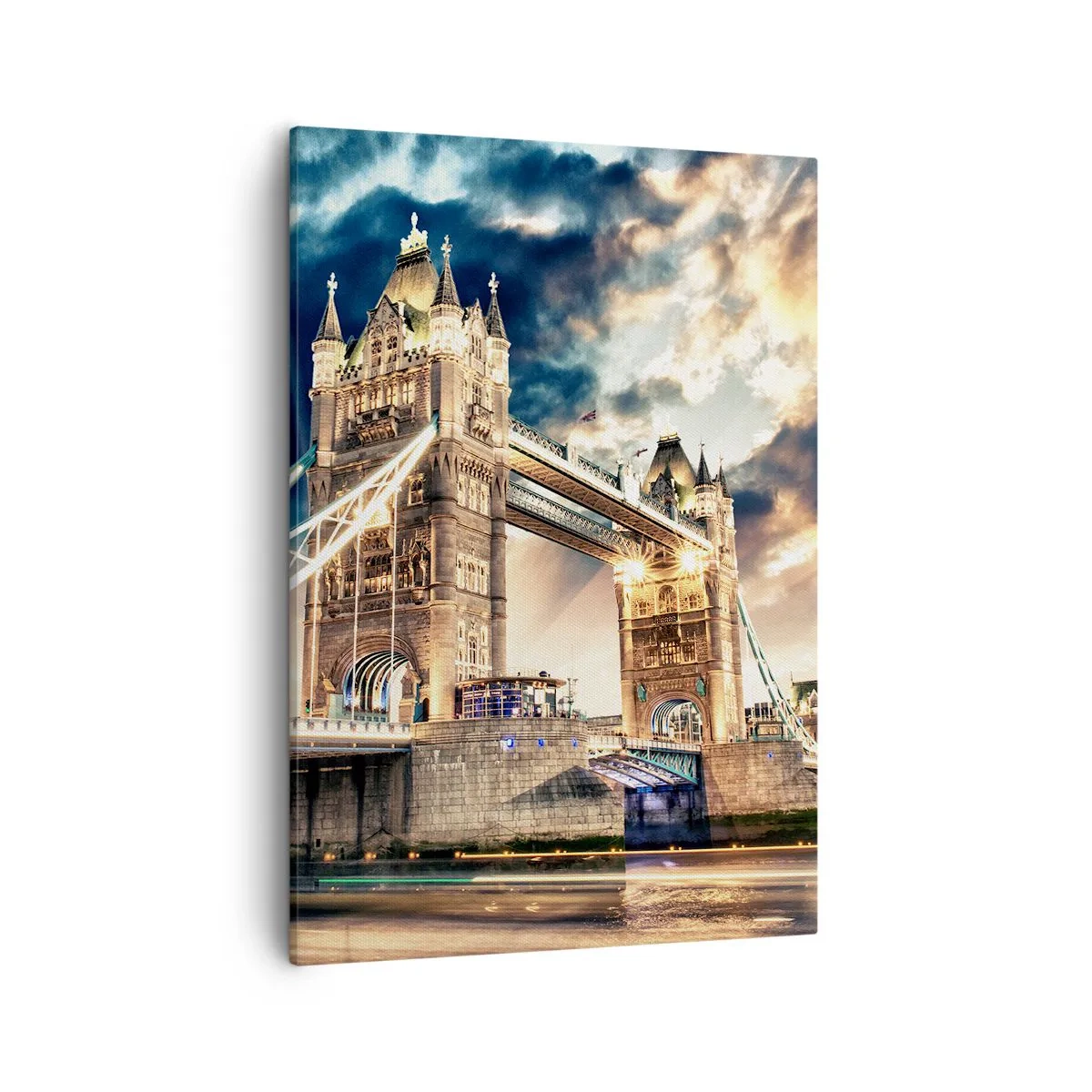 Cuadro sobre lienzo - Impresión de Imagen - El Tower Bridge al anochecer contra un cielo dinámico - 50x70cm - Un monumento a un imperio victoriano - Decoración de pared moderna para salón y dormitorio ARTTOR
