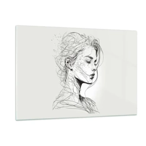 Cuadro sobre vidrio - Impresiones sobre Vidrio - Un boceto en blanco y negro de una mujer con los ojos cerrados en una línea delicada. - 120x80cm - Retrato de ensueño - Decoración de pared moderna para salón y dormitorio ARTTOR