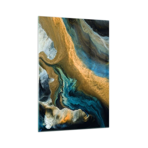 Cuadro sobre vidrio - Impresiones sobre Vidrio - Ondas abstractas en tonos dorados y azules. - 70x100cm - Azul - amarillo - influencia mutua - Decoración de pared moderna para salón y dormitorio ARTTOR