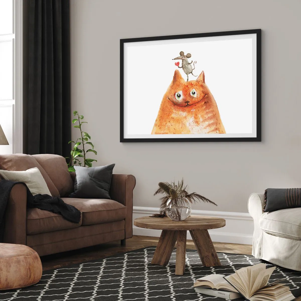 Póster en marco negro - Un dibujo de un gato con un ratón en la cabeza sosteniendo un corazón. - 70x50cm - Paradojas del amor - Decoración de pared moderna para salón y dormitorio ARTTOR