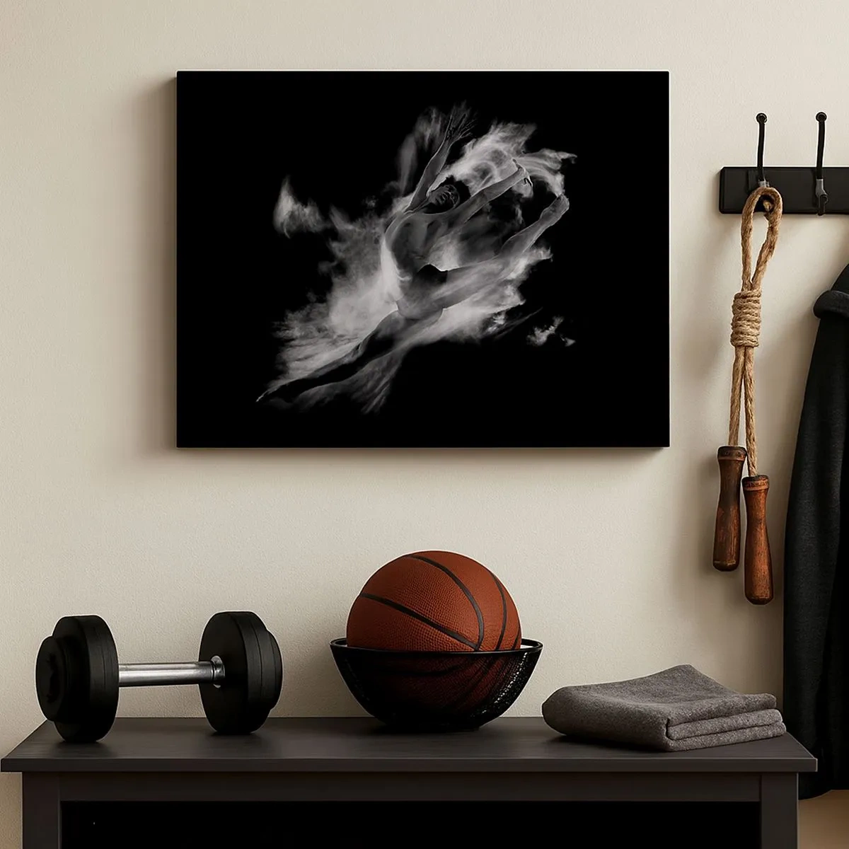 Cuadro sobre lienzo - Impresión de Imagen - Una bailarina en una pose dinámica sobre un fondo negro. - 70x50cm - El arte del vuelo - Decoración de pared moderna para salón y dormitorio ARTTOR