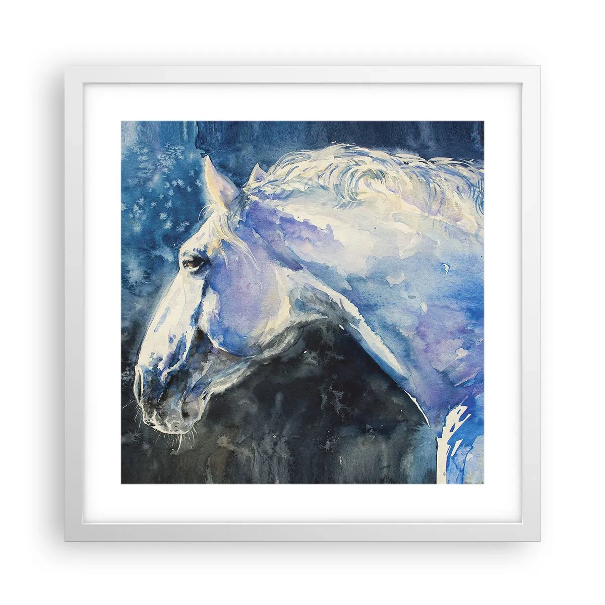 Póster en marco blanco - Retrato en un resplandor azul - 40x40 cm