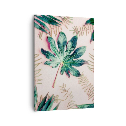 Cuadro sobre lienzo - Impresión de Imagen - Hojas tropicales sobre un fondo pastel claro. - 70x100cm - Estudio de vegetación sobre fondo rosa - Decoración de pared moderna para salón y dormitorio ARTTOR
