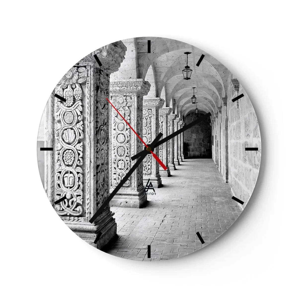 Reloj de pared - Reloj de vidrio - Pasillo arcada en blanco y negro con columnas talladas - 30x30cm - ¿Y adónde nos llevará...? - Decoración de pared moderna para salón, cocina y dormitorio ARTTOR