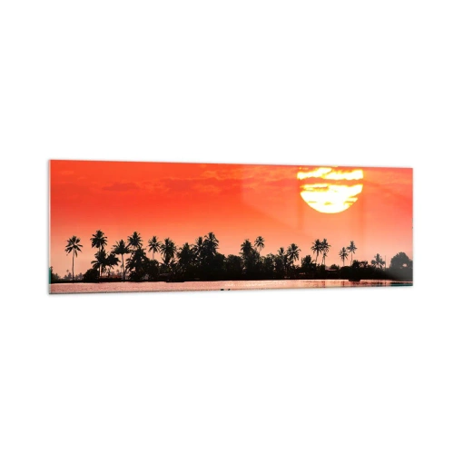 Cuadro sobre vidrio - Impresiones sobre Vidrio - Atardecer tropical con un barco y palmeras al fondo - 160x50cm - La paz de los trópicos al atardecer - Decoración de pared moderna para salón y dormitorio ARTTOR