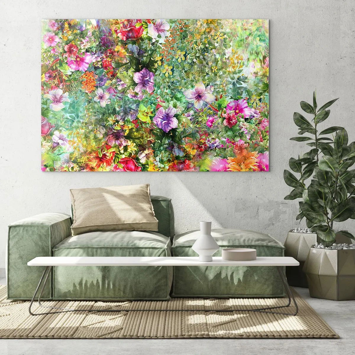 Cuadro sobre vidrio - Impresiones sobre Vidrio - Flores coloridas en una composición artística. - 70x50cm - En flores a la perdición - Decoración de pared moderna para salón y dormitorio ARTTOR