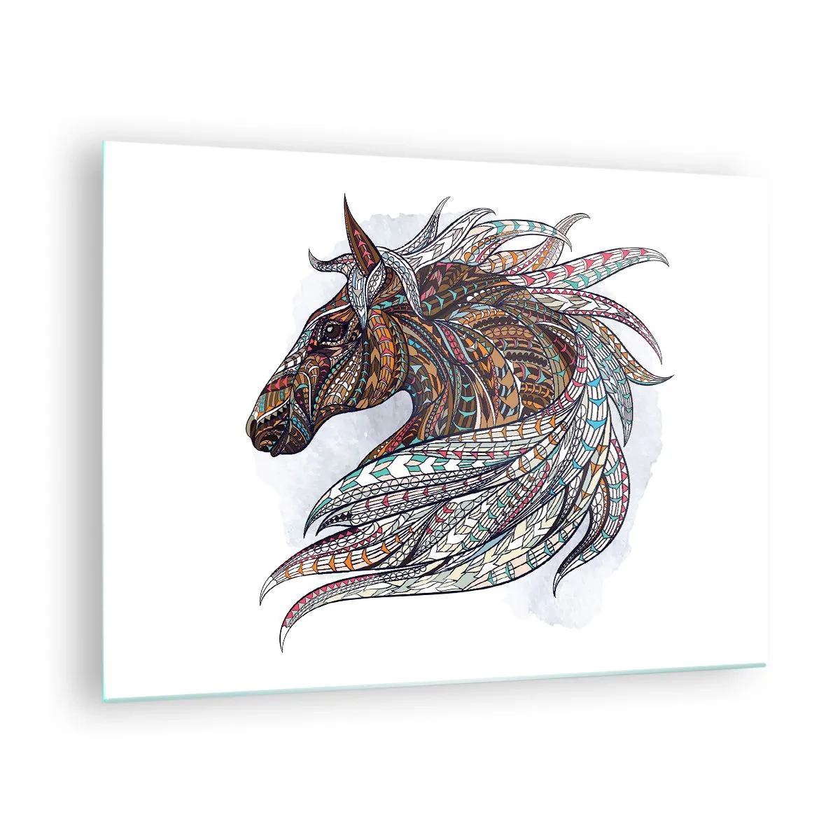 Cuadro sobre vidrio - Impresiones sobre Vidrio - Caballo colorido en estilo artístico con patrones geométricos. - 70x50cm - El corcel de un guerrero celta - Decoración de pared moderna para salón y dormitorio ARTTOR