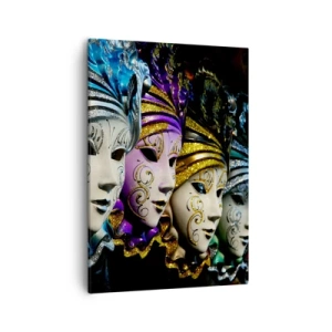 Cuadro sobre lienzo - Impresión de Imagen - Máscaras venecianas en varios colores con patrones decorativos. - 50x70cm - Misterio en oro y plata - Decoración de pared moderna para salón y dormitorio ARTTOR