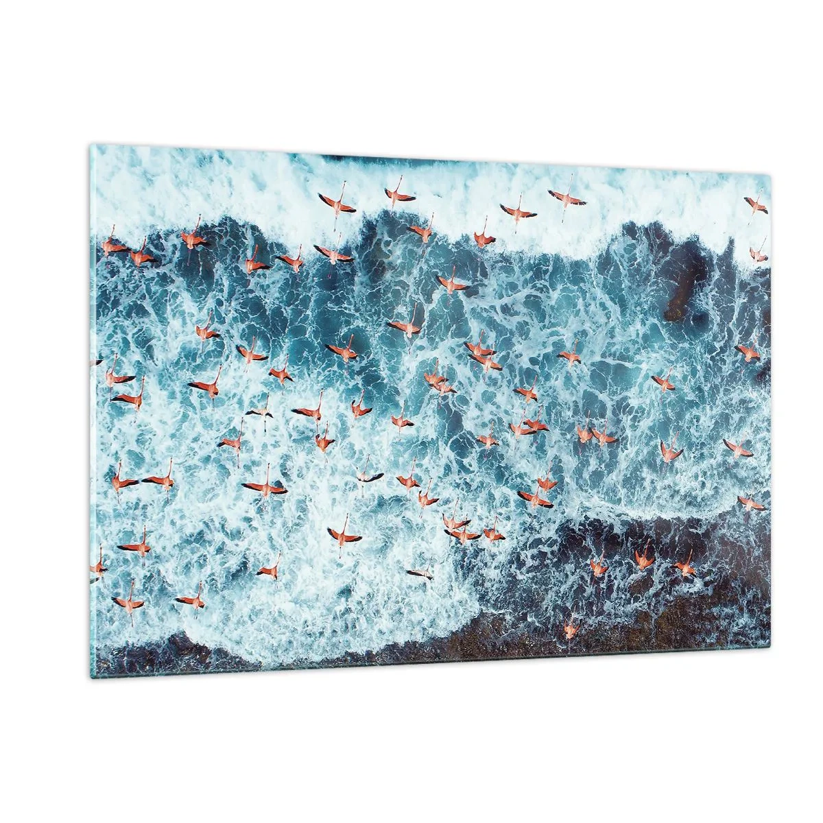Cuadro sobre vidrio - Impresiones sobre Vidrio - Flamencos rosados sobre las agitadas olas del océano - 120x80cm - Un desfile marítimo - Decoración de pared moderna para salón y dormitorio ARTTOR