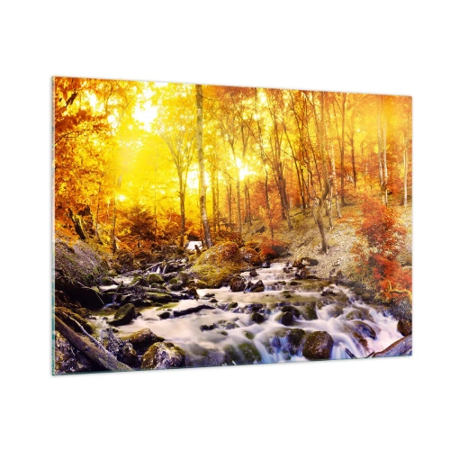 Cuadro sobre vidrio - Impresiones sobre Vidrio - Bosque otoñal con un río bajo los rayos de luz cálida. - 100x70cm - Piedras bañadas en oro y platino - Decoración de pared moderna para salón y dormitorio ARTTOR