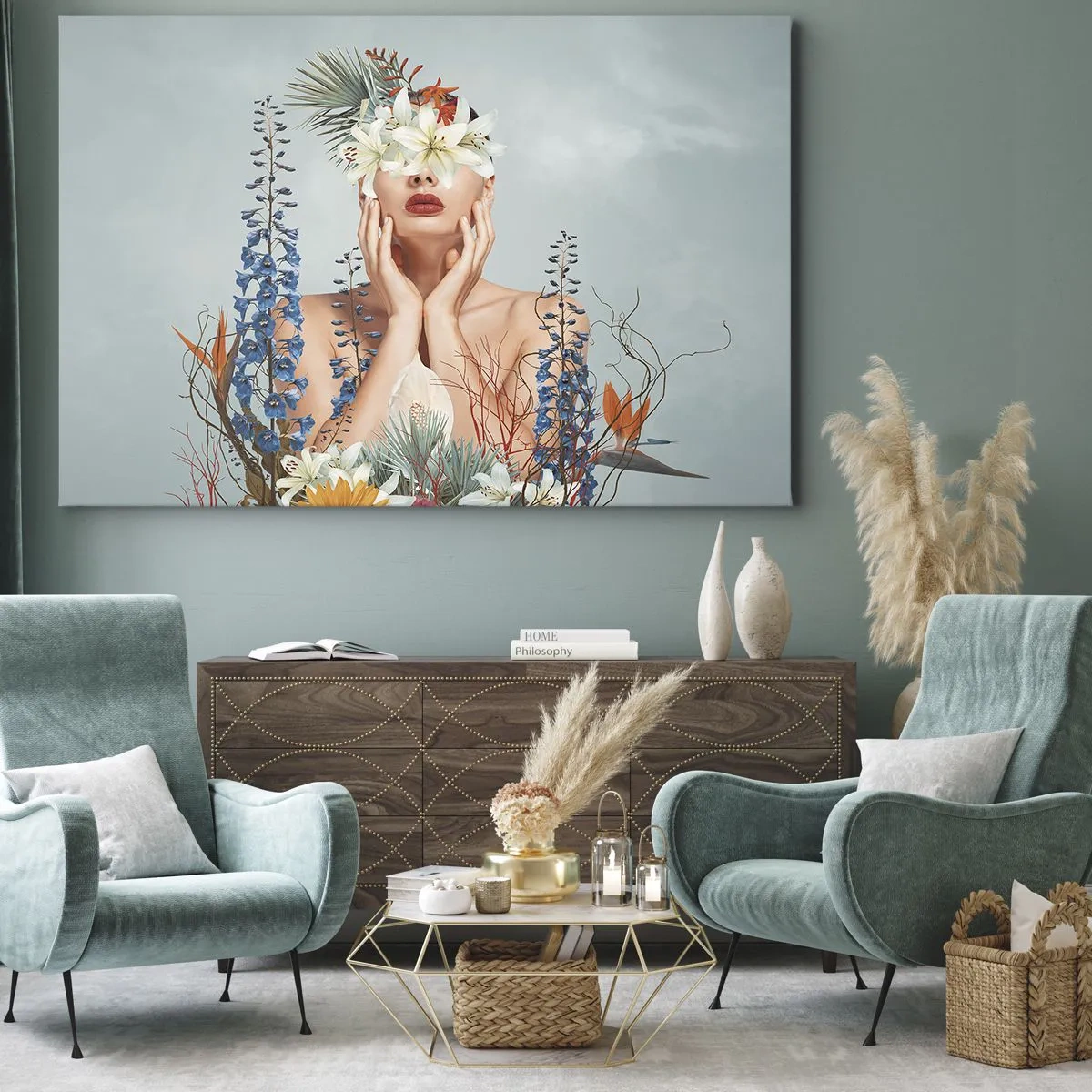 Cuadro sobre lienzo - Impresión de Imagen - Retrato de una mujer con un motivo floral sobre un fondo azul. - 100x70cm - Mujer-flor - Decoración de pared moderna para salón y dormitorio ARTTOR