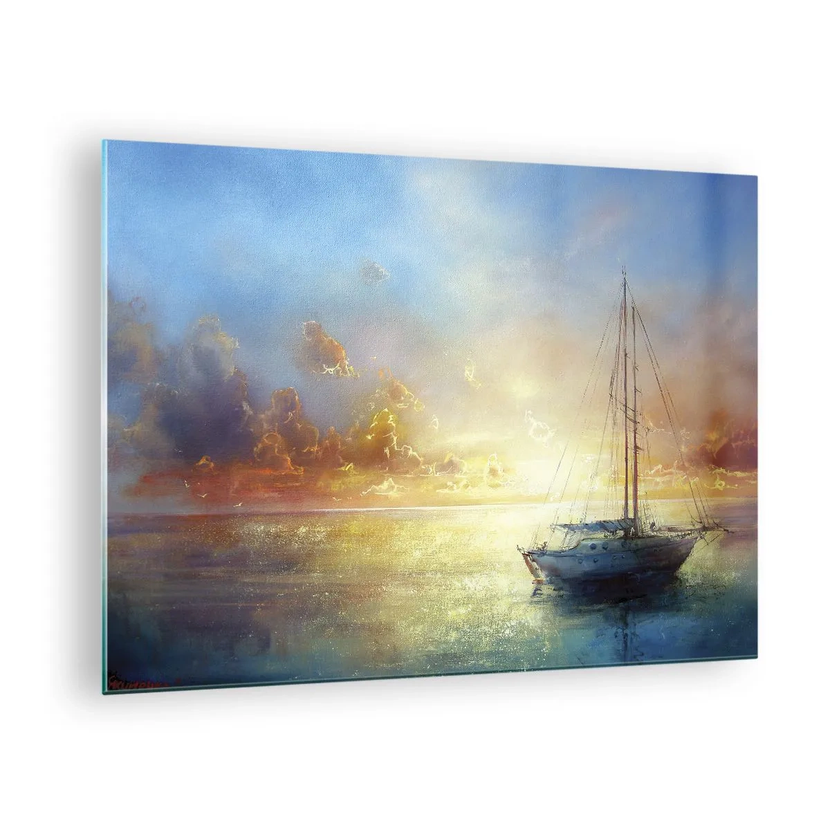 Cuadro sobre vidrio - Impresiones sobre Vidrio - Un velero en un mar tranquilo durante una puesta de sol dorada. - 70x50cm - En una bahía dorada - Decoración de pared moderna para salón y dormitorio ARTTOR