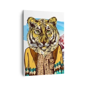Cuadro sobre lienzo - Impresión de Imagen - Un tigre con abrigo frente a un paisaje montañoso. - 70x100cm - No es tan salvaje como dicen - Decoración de pared moderna para salón y dormitorio ARTTOR