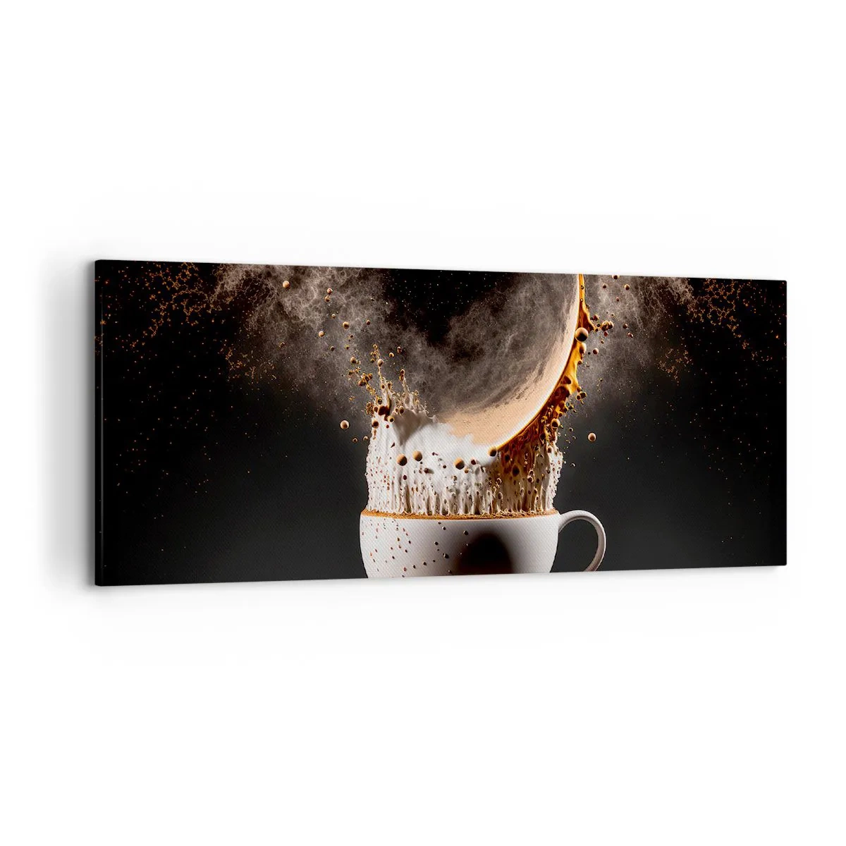 Cuadro sobre lienzo - Impresión de Imagen - Una taza de café con una explosión dinámica de líquido sobre un fondo negro. - 120x50cm - Una explosión de sabor - Decoración de pared moderna para salón y dormitorio ARTTOR