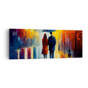 Cuadro sobre lienzo - Impresión de Imagen - Una pareja bajo un paraguas caminando por una colorida ciudad nocturna. - 140x50cm - Juntos en una noche llena de color - Decoración de pared moderna para salón y dormitorio ARTTOR