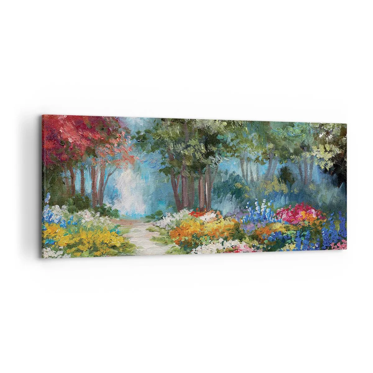 Cuadro sobre lienzo - Impresión de Imagen - Un pintoresco jardín lleno de flores y árboles coloridos en un entorno forestal. - 120x50cm - Jardín forestal, bosque floral - Decoración de pared moderna para salón y dormitorio ARTTOR