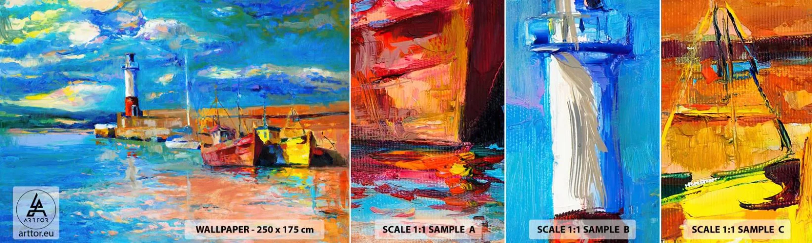 Muestra de fotomural autoadhesivo Deluxe Sticker - Tarde en la bahía del arco iris - Puerto de pescadores, Barco de pesca, Faro - 100x30 cm