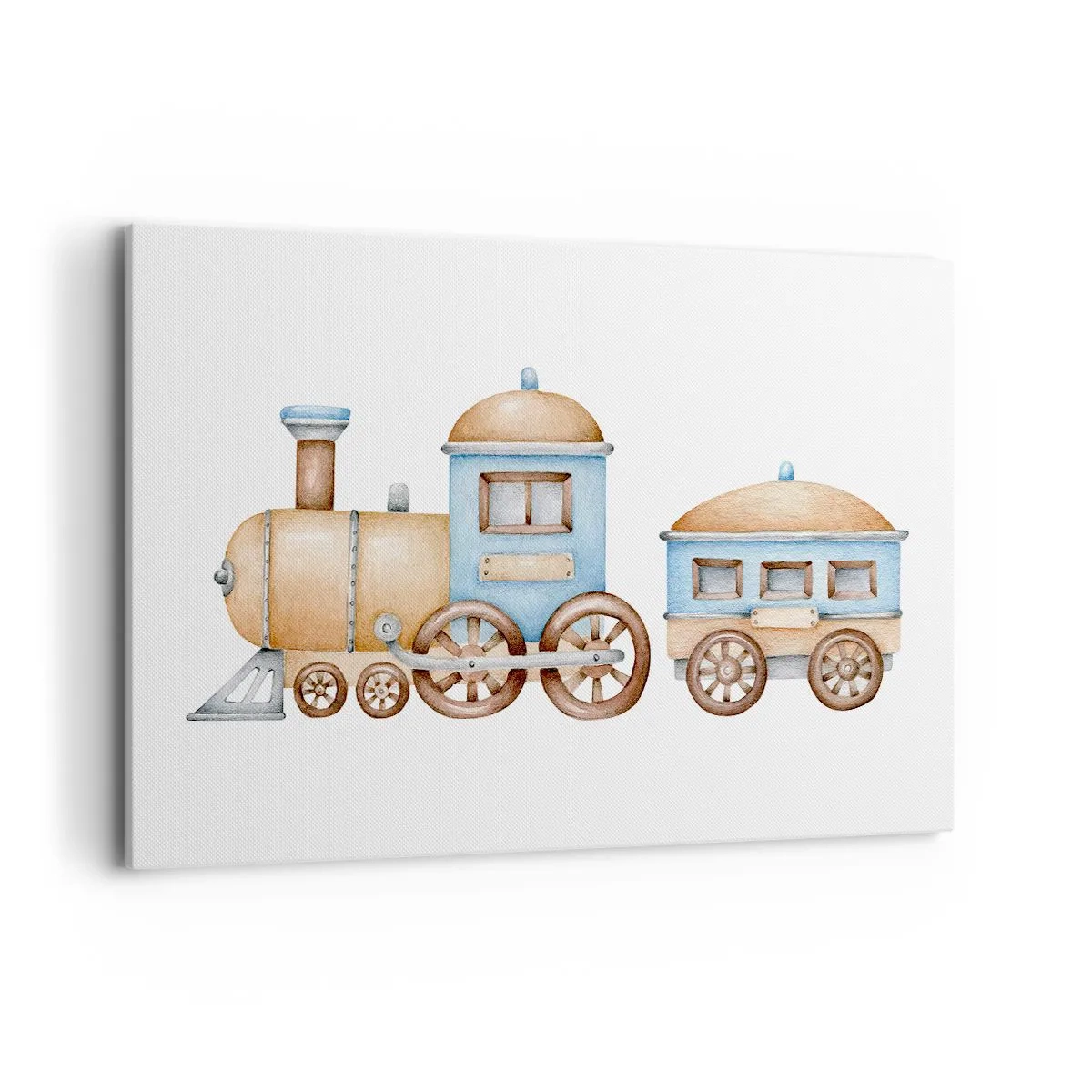 Cuadro sobre lienzo - Impresión de Imagen - Dibujo de un tren en tonos pastel sobre fondo blanco. - 120x80cm - De pie en la estación... - Decoración de pared moderna para salón y dormitorio ARTTOR