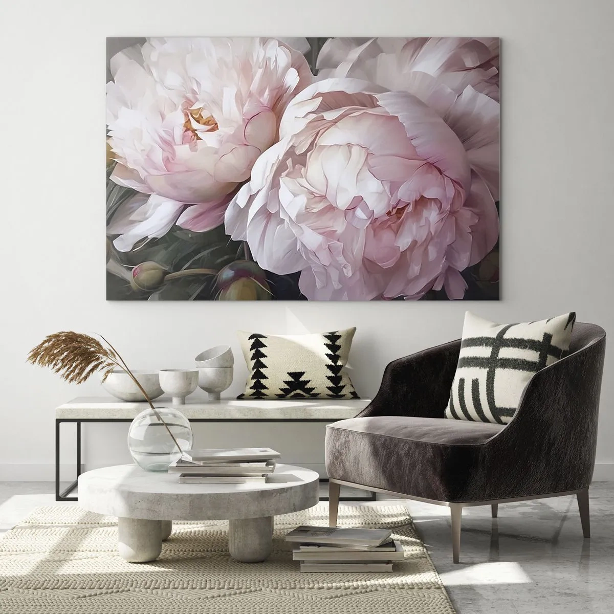 Cuadro sobre vidrio - Impresiones sobre Vidrio - Delicadas peonías en un tono rosa claro en primer plano. - 100x70cm - En flor - Decoración de pared moderna para salón y dormitorio ARTTOR