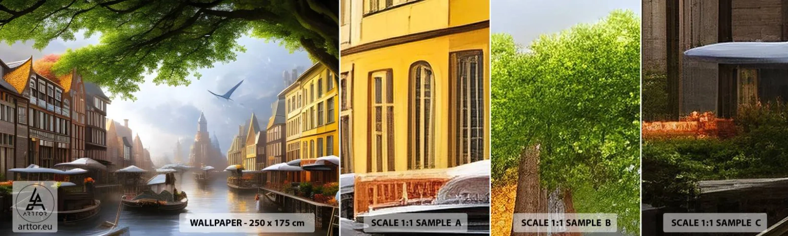 Muestra De Fotomural Standard Eco - Paisaje urbano holandés - Pueblo Viejo, Barcos, Canal - 100x30 cm