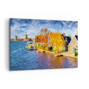 Cuadro sobre lienzo - Impresión de Imagen - Casas pintorescas y molinos de viento junto al agua - 100x70cm - Durante siglos, sin cambios - Decoración de pared moderna para salón y dormitorio ARTTOR