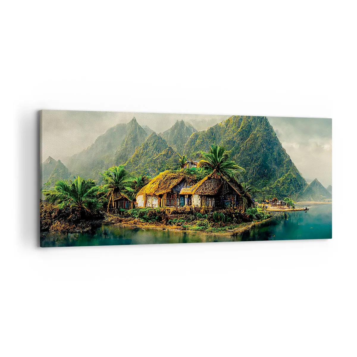 Cuadro sobre lienzo - Impresión de Imagen - Una isla tropical con palmeras y montañas al fondo. - 120x50cm - Paraíso tropical - Decoración de pared moderna para salón y dormitorio ARTTOR